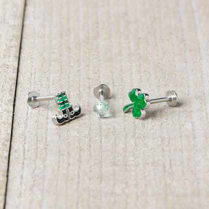 16G 1/4 Leprechaun Legs Shamrock UV Glow Labret Set of 3