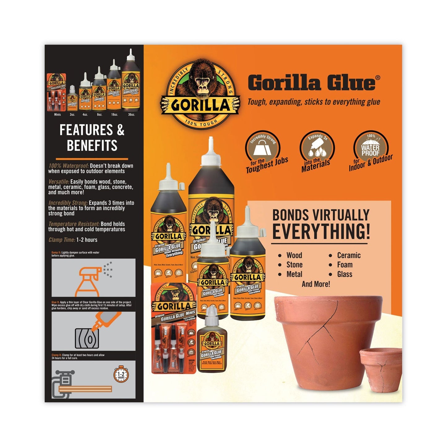 Gorilla Original Formula Glue, 4 oz, Dries Light Brown