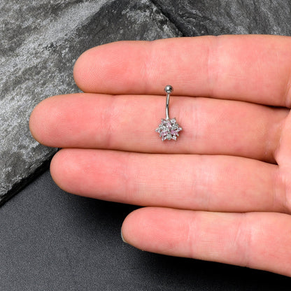 16G 5/16 Pink Clear CZ Gem Snowflake Style Curved Eyebrow Ring