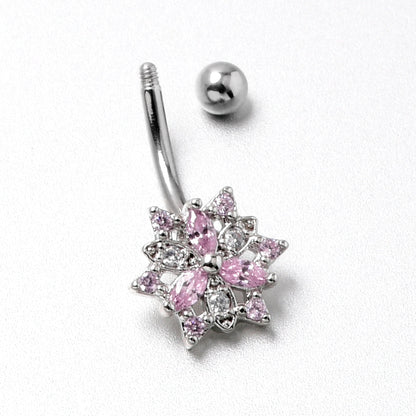 16G 5/16 Pink Clear CZ Gem Snowflake Style Curved Eyebrow Ring