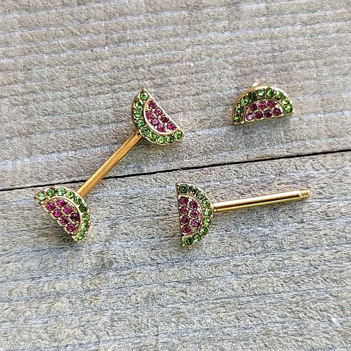 14G 9/16 Pink Gem Gold Hue Watermelon Yum Barbell Nipple Ring Set