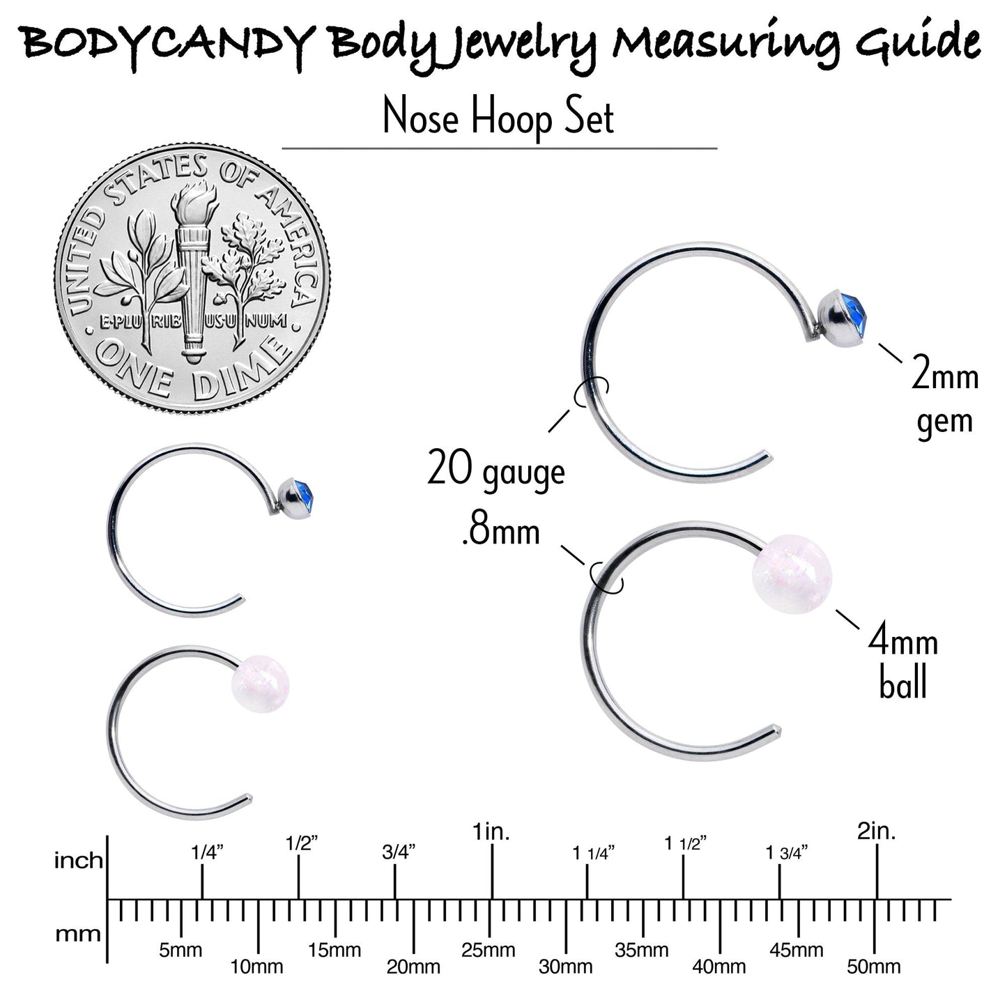 20G 5/16 Nose Hoop Gem Faux Opal Pack Pretty Nose Ring Set of 6