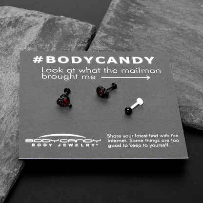 16G 5/16 Red CZ Gem Black Skull Passion Heart Labret Tragus Curation Set of 3