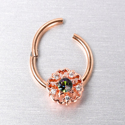 16G 3/8 Vitrail Gem Rose Gold Hue Flower Hinged Segment Ring