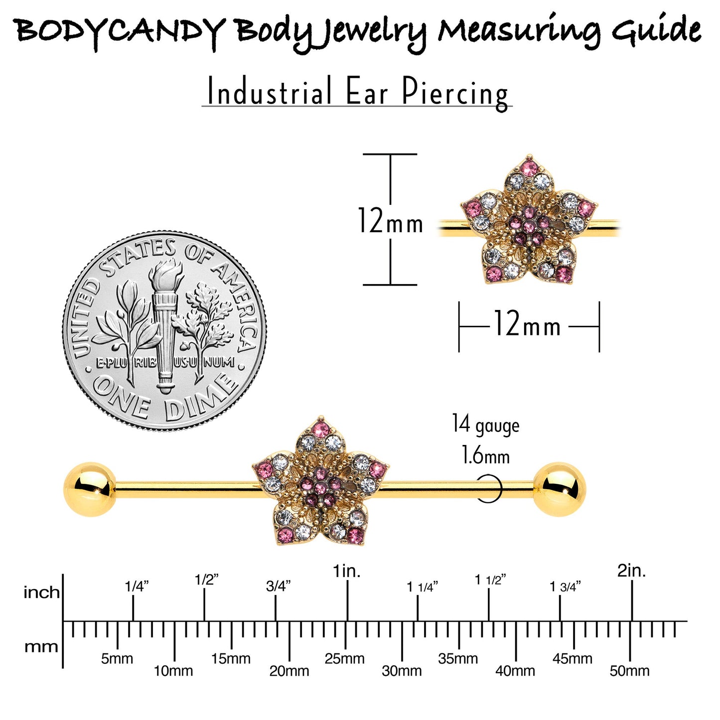 14G Clear Pink Gem Gold Tone Texture Star Industrial Barbell 38mm