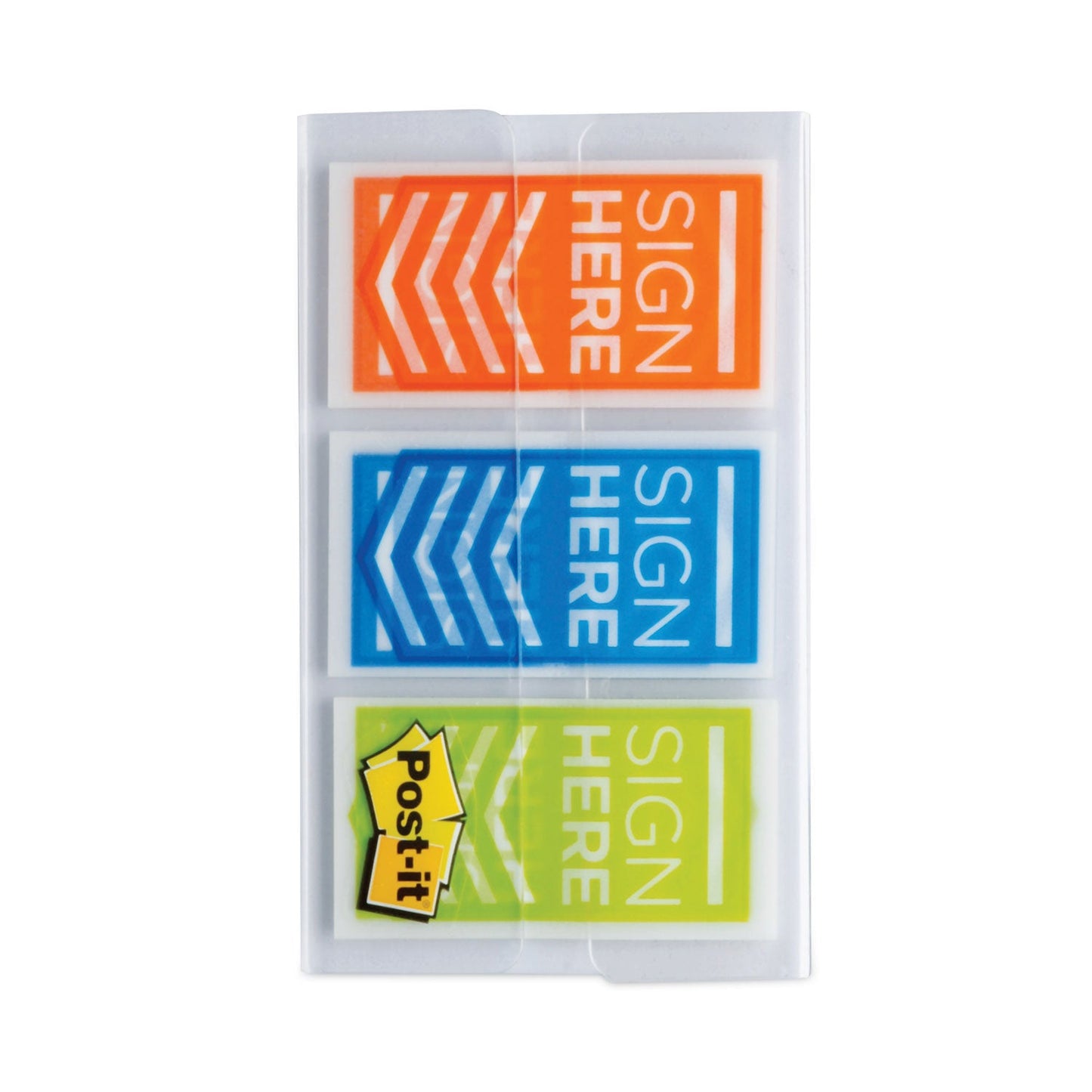 Post-it Arrow Message 1" Page Flags, "Sign Here", Blue/Lime/Orange, 20 Flags/Dispenser, 3 Dispensers/Pack