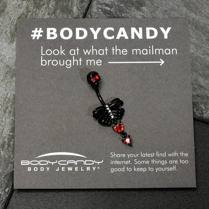 Red CZ Gem Black Skeleton Hearts Gothic Dangle Belly Ring