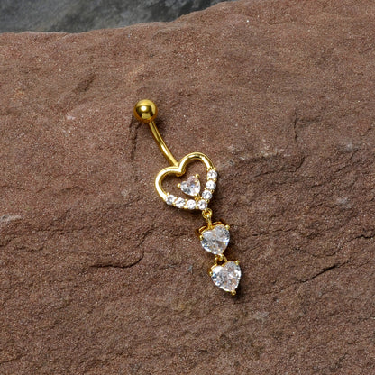 Clear CZ Gem Gold Tone Opulent Heart Quartet Dangle Belly Ring