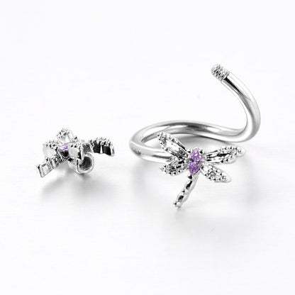 Purple CZ Gem Open Dragonfly Spiral Twister Belly Ring