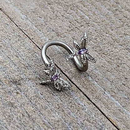 Purple CZ Gem Open Dragonfly Spiral Twister Belly Ring