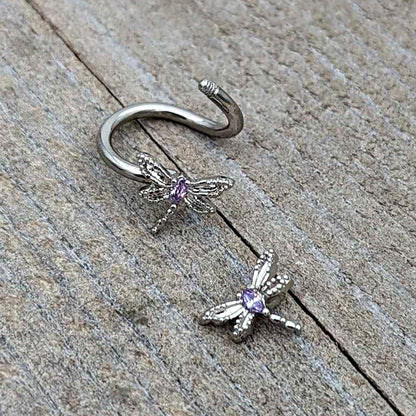 Purple CZ Gem Open Dragonfly Spiral Twister Belly Ring