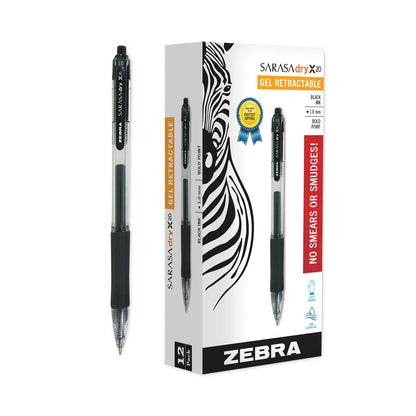 Zebra Sarasa Dry Gel X20 Gel Pen, Retractable, Bold 1 mm, Black Ink, Smoke Barrel, 12/Pack