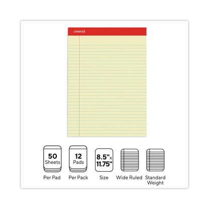 Universal Perforated Ruled Writing Pads, Wide/Legal Rule, Red Headband, 50 Canary-Yellow 8.5 x 11.75 Sheets, Dozen