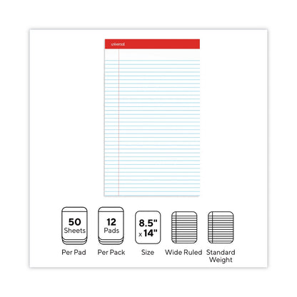 Universal Perforated Ruled Writing Pads, Wide/Legal Rule, Red Headband, 50 White 8.5 x 14 Sheets, Dozen