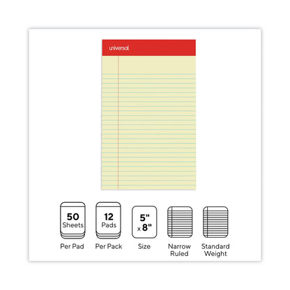 Universal Perforated Ruled Writing Pads, Narrow Rule, Red Headband, 50 Canary-Yellow 5 x 8 Sheets, Dozen