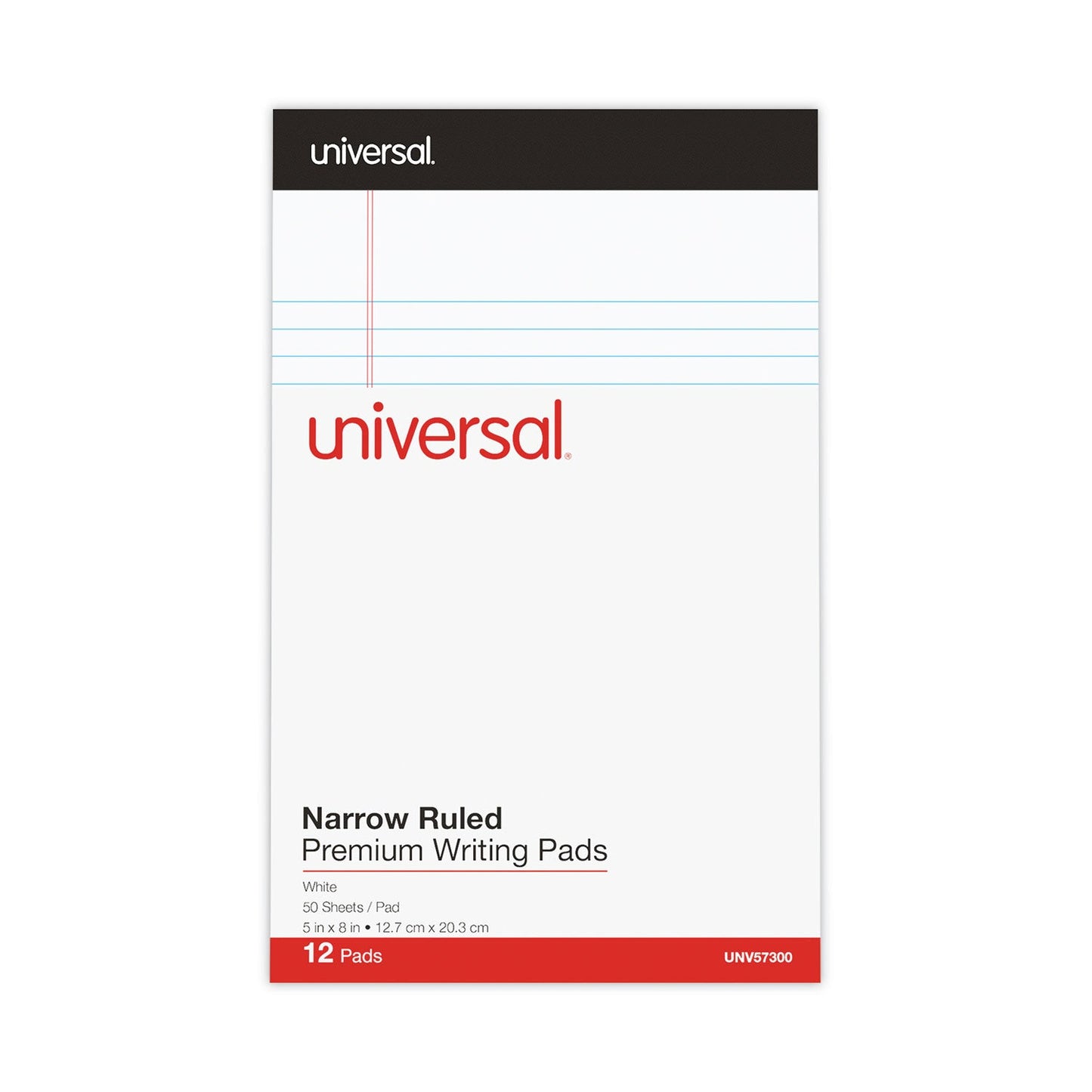 Universal Premium Ruled Writing Pads with Heavy-Duty Back, Narrow Rule, Black Headband, 50 White 5 x 8 Sheets, 12/Pack