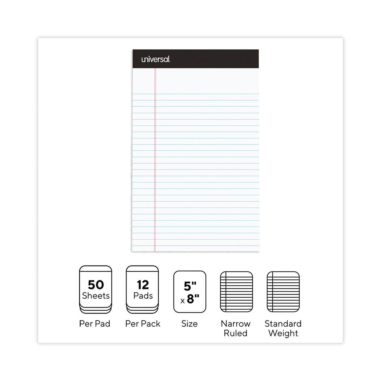 Universal Premium Ruled Writing Pads with Heavy-Duty Back, Narrow Rule, Black Headband, 50 White 5 x 8 Sheets, 12/Pack
