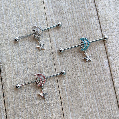 14G Clear CZ Gem Moon Dangle Star Industrial Barbell 38mm