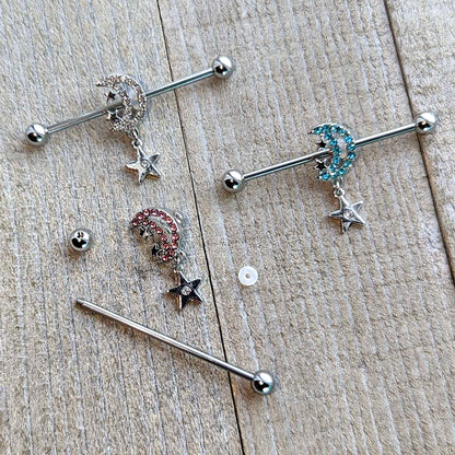14G Pink CZ Gem Moon Dangle Star Industrial Barbell 38mm
