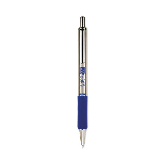 Zebra F-402 Ballpoint Pen, Retractable, Fine 0.7 mm, Blue Ink, Stainless Steel/Blue Barrel, 2/Pack