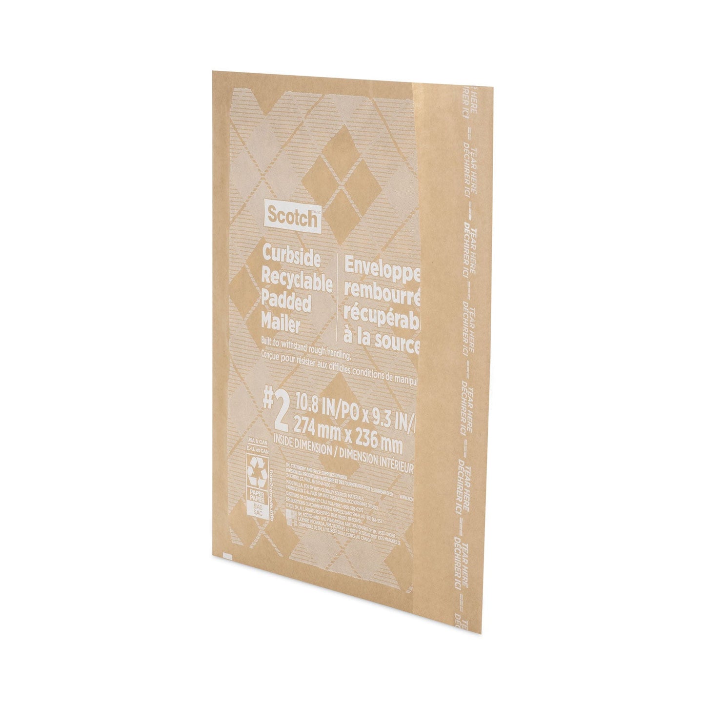 Scotch Curbside Recyclable Padded Mailer, #2, Bubble Cushion, Self-Adhesive Closure, 11.25 x 12, Natural Kraft, 100/Carton