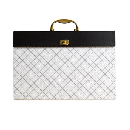 U Brands Expanding File Box, 5.25" Expansion, 19 Sections, Twist-Lock Latch Closure, 2/5-Cut Tabs, Letter Size, White/Black/Gold