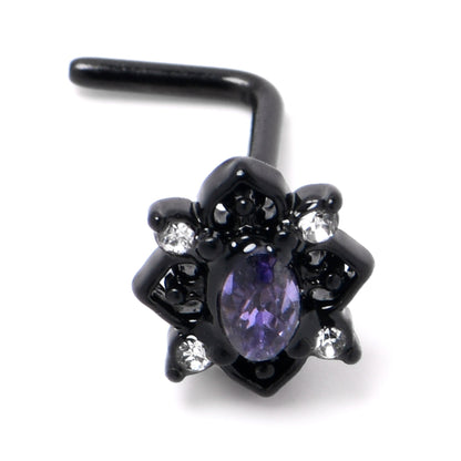 20G 7mm Purple Gem Black Scrolling Hearts L Shape Nose Ring