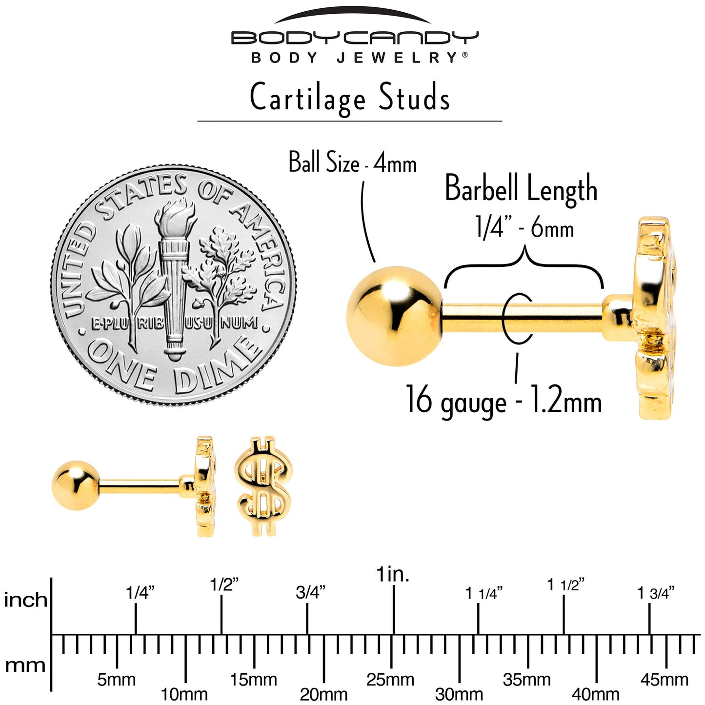16G 1/4 Gold Tone Dollar Sign Cartilage Tragus Earring