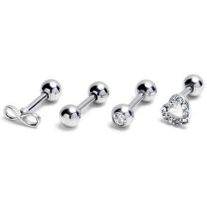 16G 1/4 Clear Gem Heart Infinity Sign Cartilage Earring Curation Set of 4