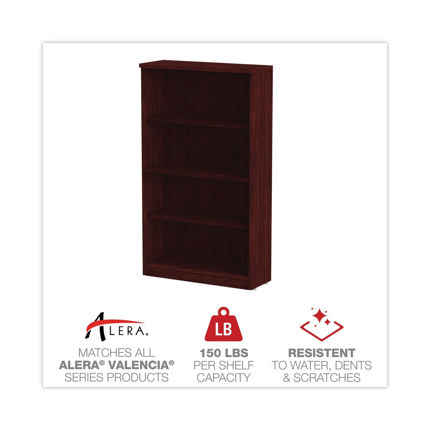 Alera Valencia Series Bookcase, Four-Shelf, 31.75w x 14d x 54.88h, Mahogany