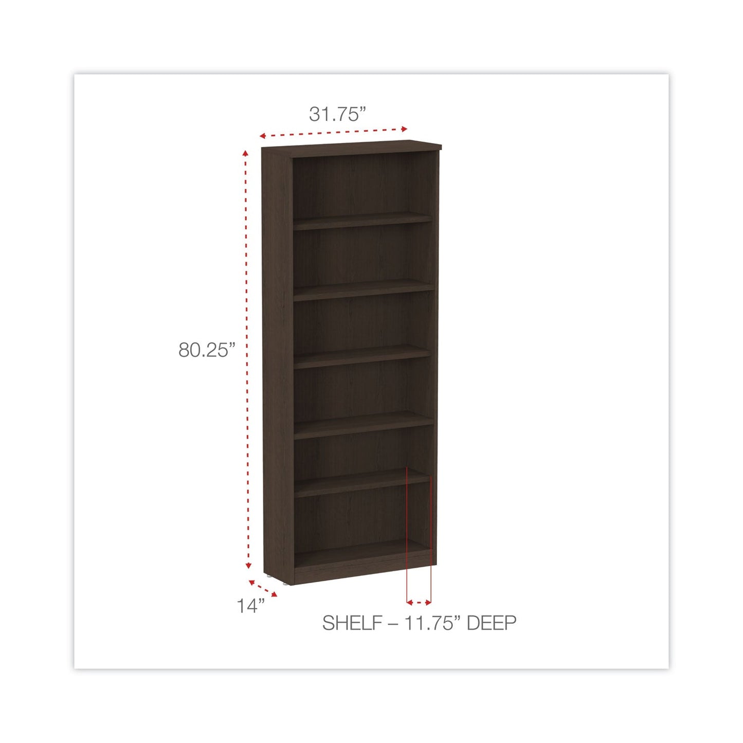 Alera Valencia Series Bookcase, Six-Shelf, 31.75w x 14d x 80.25h, Espresso