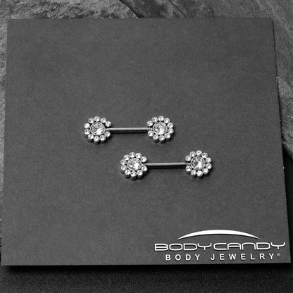 14G 9/16 Clear CZ Gem Flower Threadless Barbell Nipple Ring Set
