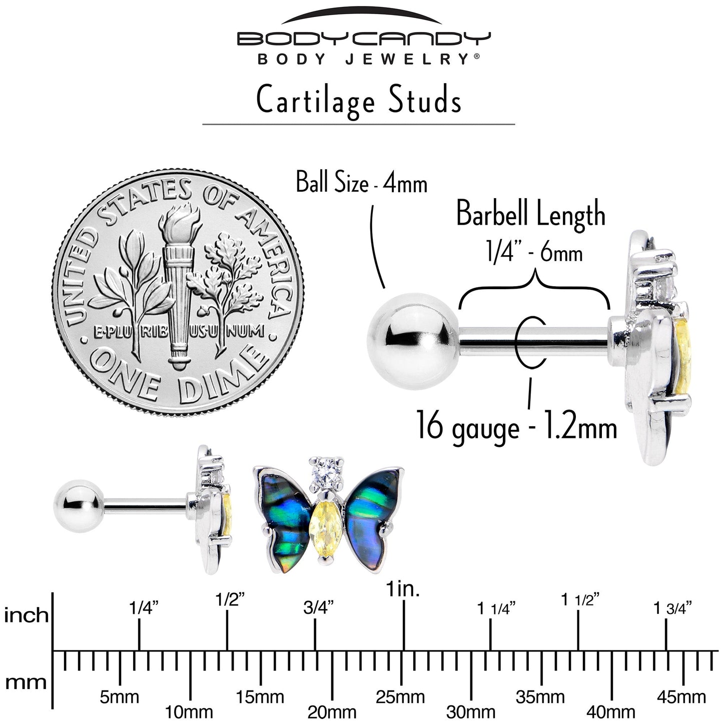 16G 1/4 Clear Yellow Gem Dark Butterfly Cartilage Tragus Earring