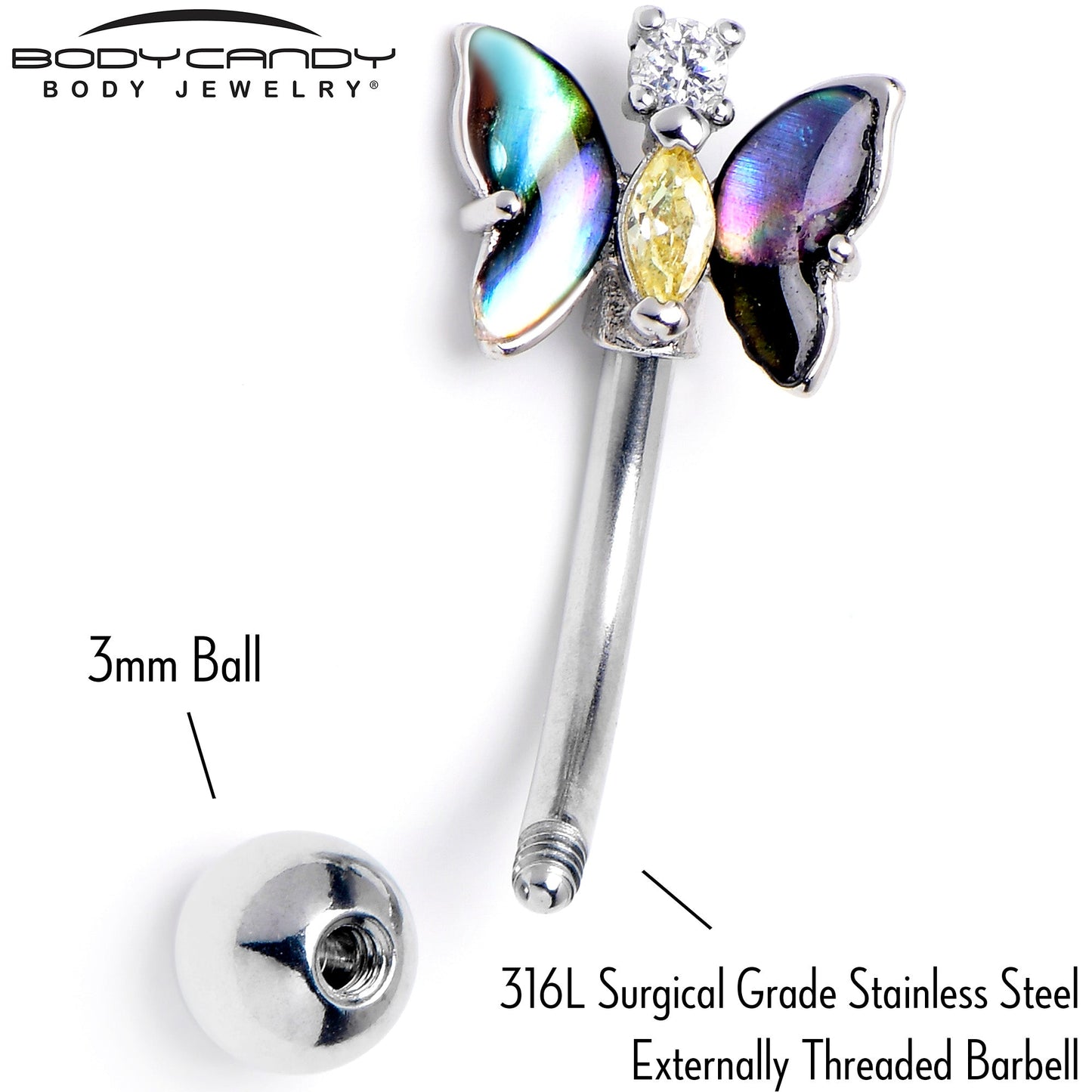 16G 5/16 Yellow Clear Gem Dark Butterfly Curved Eyebrow Ring