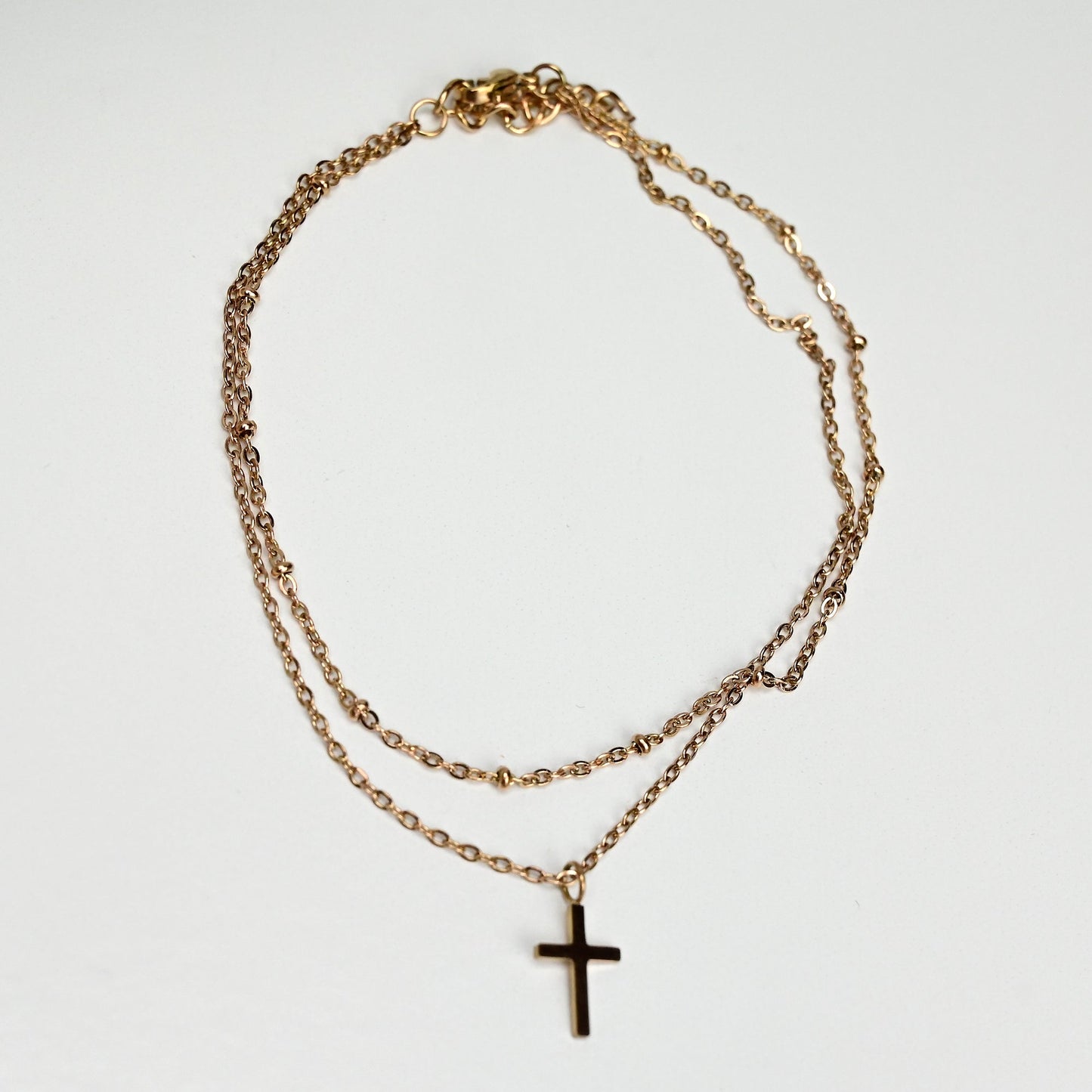 Rose Gold Tone Cross Dangle Double Wrap Stainless Steel Ankle Bracelet