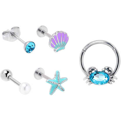 16G Blue Gem Nautical Labret Segment Ring Ear Curation Set of 5