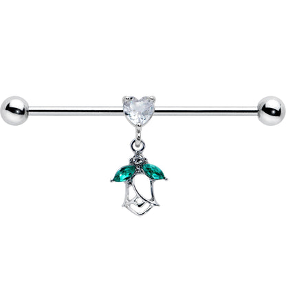 14G Clear CZ Gem Heart And Rose Dangle Industrial Barbell 38mm