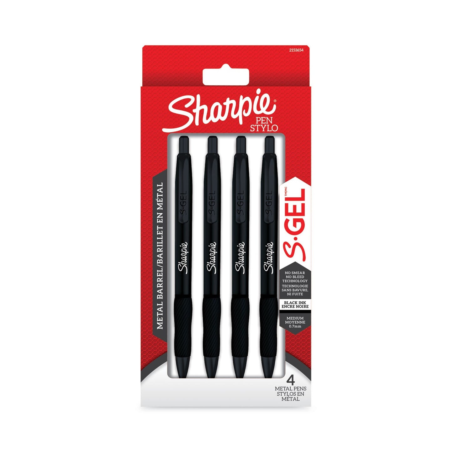 Sharpie S-Gel Premium Metal Barrel Gel Pen, Retractable, Medium 0.7 mm, Black Ink, Black Barrel, 4/Pack