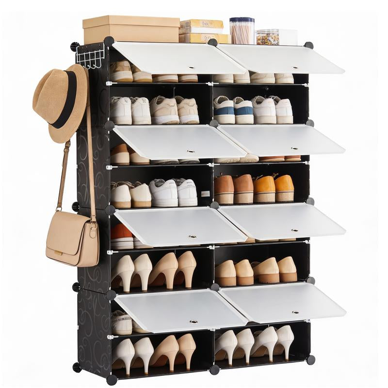 【NEW YEAR Deal】6/8-Tier Shoe Cabinet, 24/32-Tier Capacity, with Side Hooks, Sturdy Metal Frame, and Black and White Plastic Panel Shelves. Suitable for Entryways, Living Rooms, and Walk-In Closets