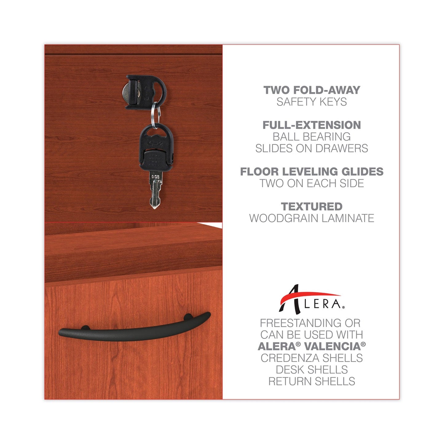 Alera Valencia Series Full Pedestal File, Left/Right, 3-Drawers: Box/Box/File, Legal/Letter, Cherry, 15.63" x 20.5" x 28.5"