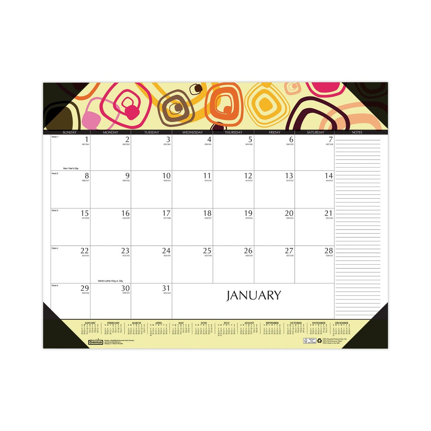 House of Doolittle Recycled Desk Pad Calendar, Geometric Artwork, 22 x 17, White Sheets, Black Binding/Corners,12-Month (Jan to Dec): 2023