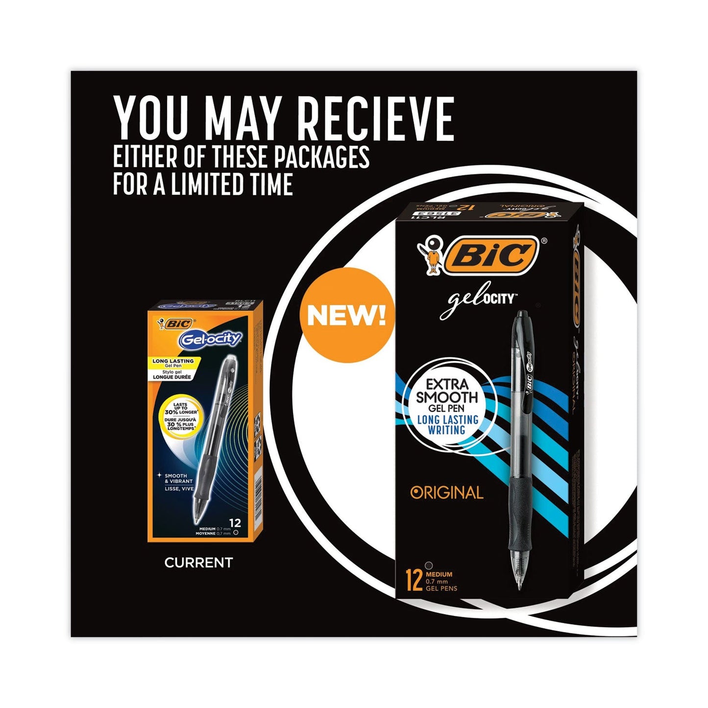 BIC Gel-ocity Gel Pen, Retractable, Medium 0.7 mm, Black Ink, Translucent Black Barrel, Dozen