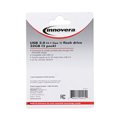 Innovera USB 3.0 Flash Drive, 32 GB, 3/Pack