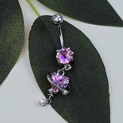 Pink Clear CZ Gem Starry Heart Dangle Belly Ring