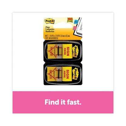 Post-it Arrow Message 1" Page Flags, "Sign Here", Yellow, 50 Flags/Dispenser, 2 Dispensers/Pack