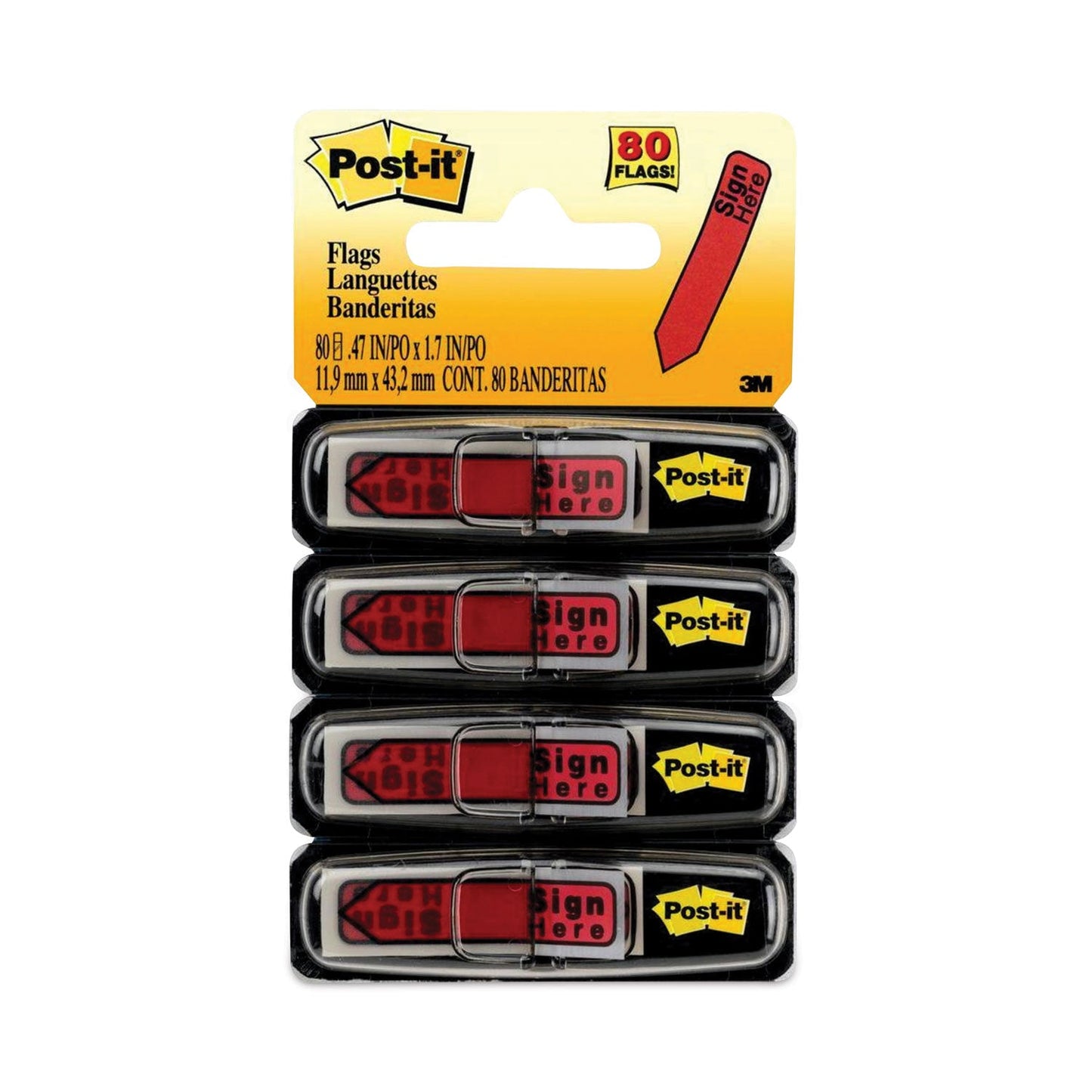 Post-it Arrow Message 0.5" Page Flags in Dispenser, "Sign Here", Red, 20 Flags Dispenser, 4 Dispensers/Pack