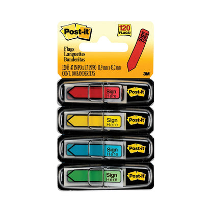 Post-it Arrow Message 0.5" Page Flags w/Dispensers, "Sign Here", Asst Primary, 30 Flags Dispenser, 4 Dispensers/Pack