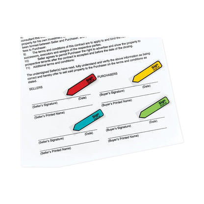 Post-it Arrow Message 0.5" Page Flags w/Dispensers, "Sign Here", Asst Primary, 30 Flags Dispenser, 4 Dispensers/Pack