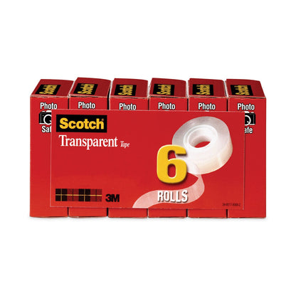 Scotch Transparent Tape, 1" Core, 0.75" x 36 yds, Transparent, 6/Pack