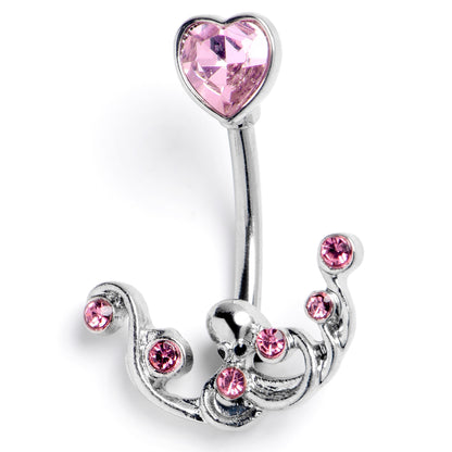 Pink Gem Heart Scrolling Elegance Double Mount Belly Ring